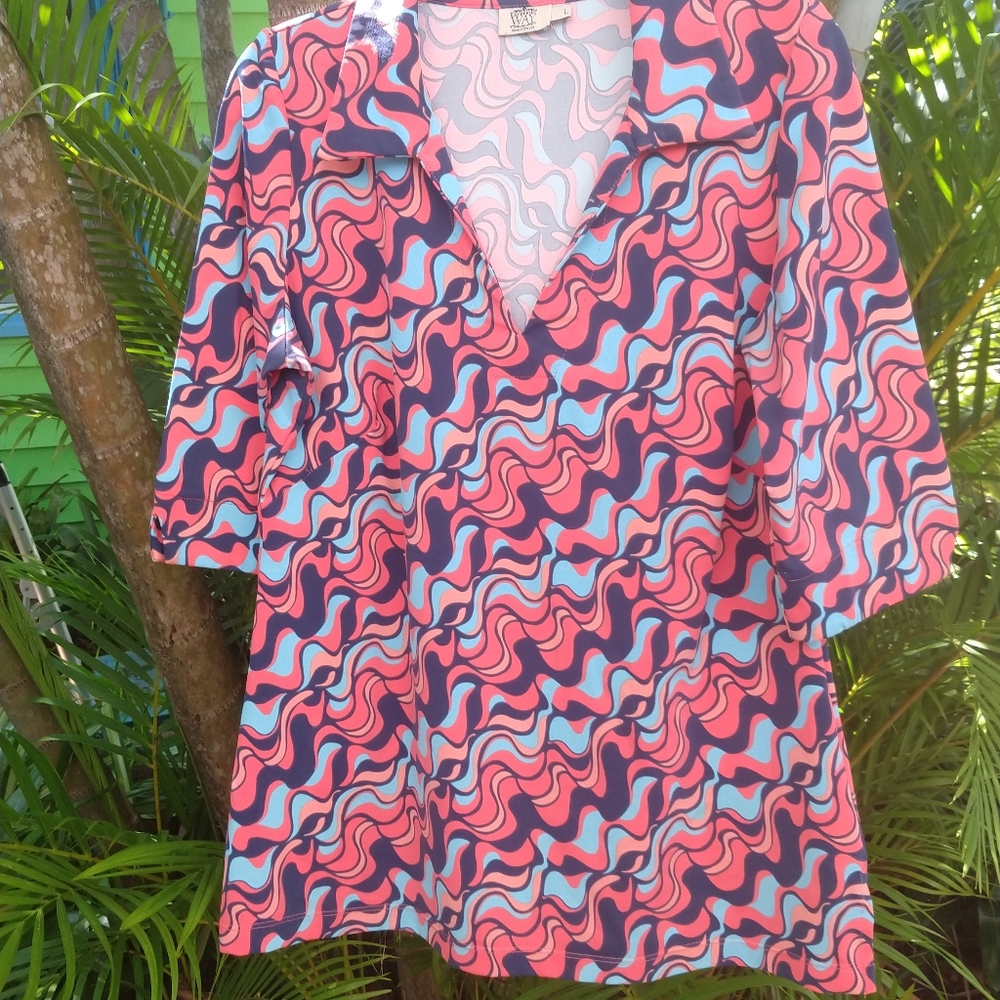 Katherine Way Top Blues & Oranges Sz Lg 3/4 Sleeve